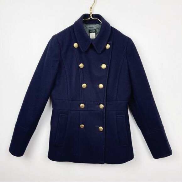 J. Crew Wool blend navy blue gold buttons Pea Coat size 4 - Picture 2 of 6